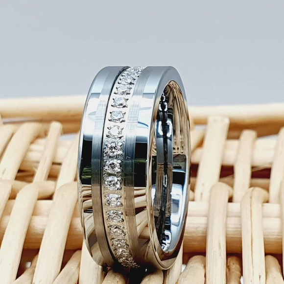 "Silver Tungsten Wedding Ring With White CZ Inlay, GALTUN777 - Picture 1 of 5
